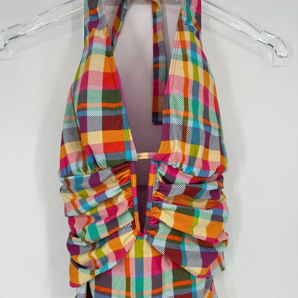 Into The Bleu Swimsuit Womens 10 One Piece Rainbow Plaid Plunge Ruched Halter - Picture 3 of 7